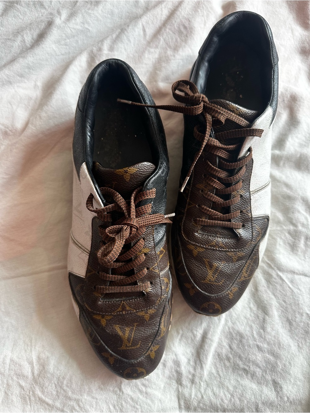Louis Vuitton Monogram Leather Runner Sneakers Brown White Lace Up Shoes Size 10